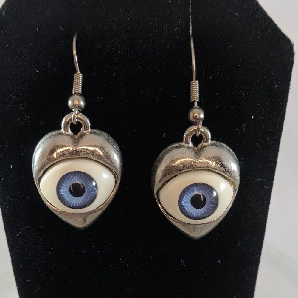 Silver-tone Evil Eye Heart Drop Earrings Halloween